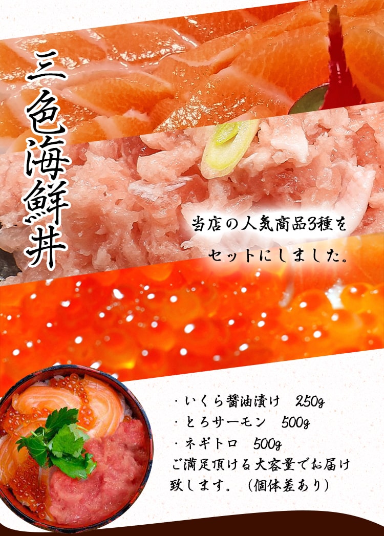 送料無料】超特大 海鮮三食丼セット（いくら醤油漬(鱒卵)250g・トロサーモン500g・ネギトロ500g）たっぷり贅沢【お祝い/お取り寄せ/刺身/贈答/手巻き寿司/地鶏坊主】｜坊'S  オンラインストアの通販・お取り寄せなら【ぐるすぐり】