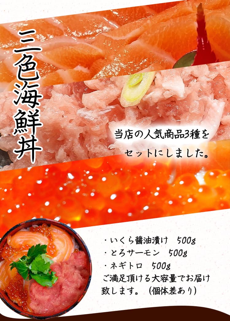 送料無料】超特大 海鮮三食丼セット（いくら醤油漬(鱒卵)500g・トロ