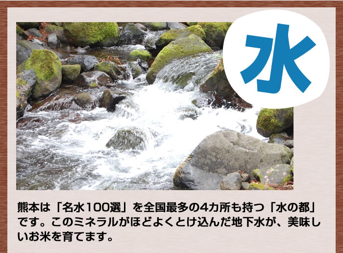 熊本は名水100選を全国最多の4か所も持つ「水の都」です。この地下水が美味しいお米を育てます。