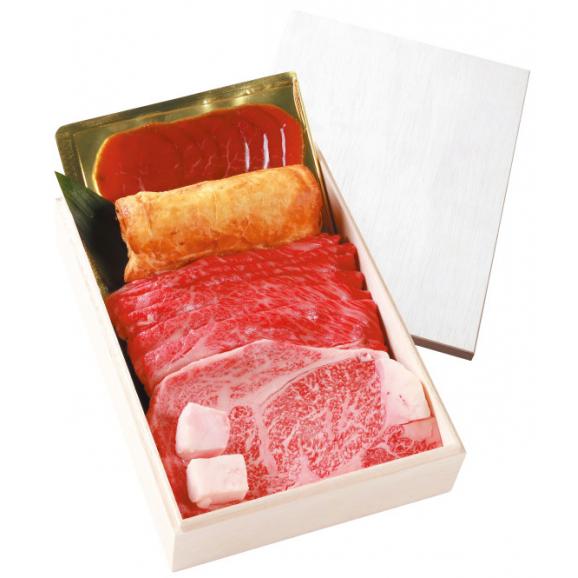神戸牛ギフトセットA (ステーキ、すき焼き・しゃぶしゃぶ 木箱入りセット)風呂敷包01