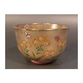 茶道具　抹茶茶碗　金砂子　菜の花に蝶、京焼　伝統工芸士　小倉　亨作